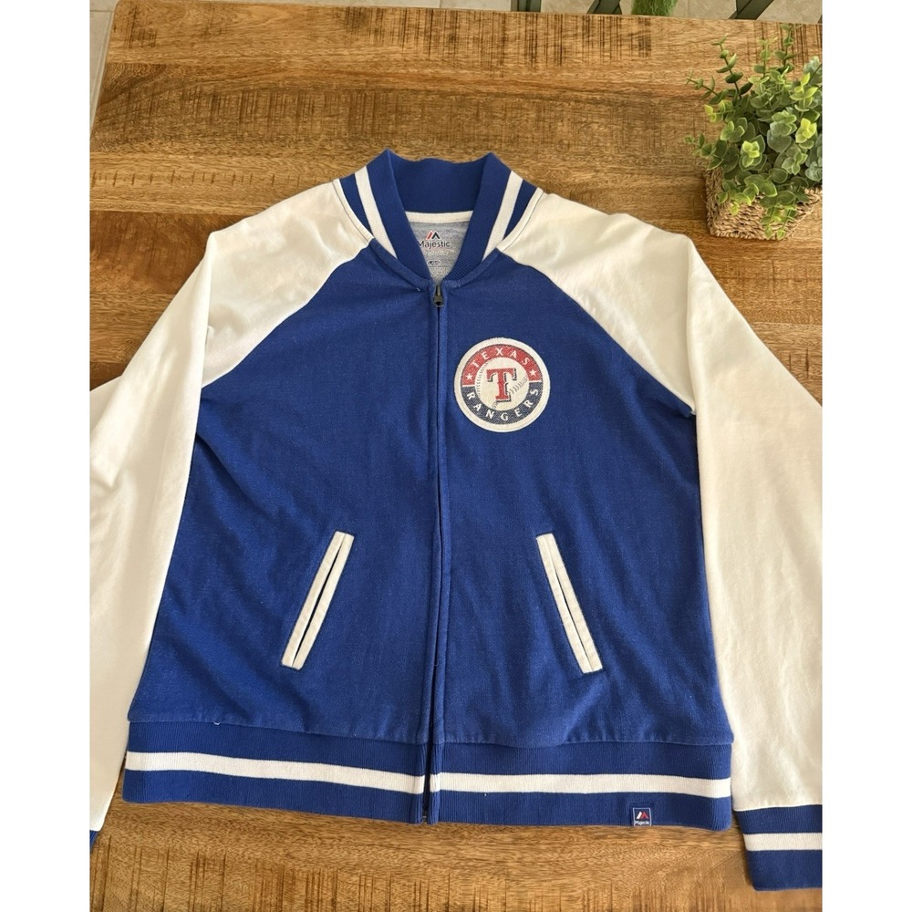 Majestic Texas Rangers Blue White Varsity MLB Baseball ZipUp Cotton Jacket (L)